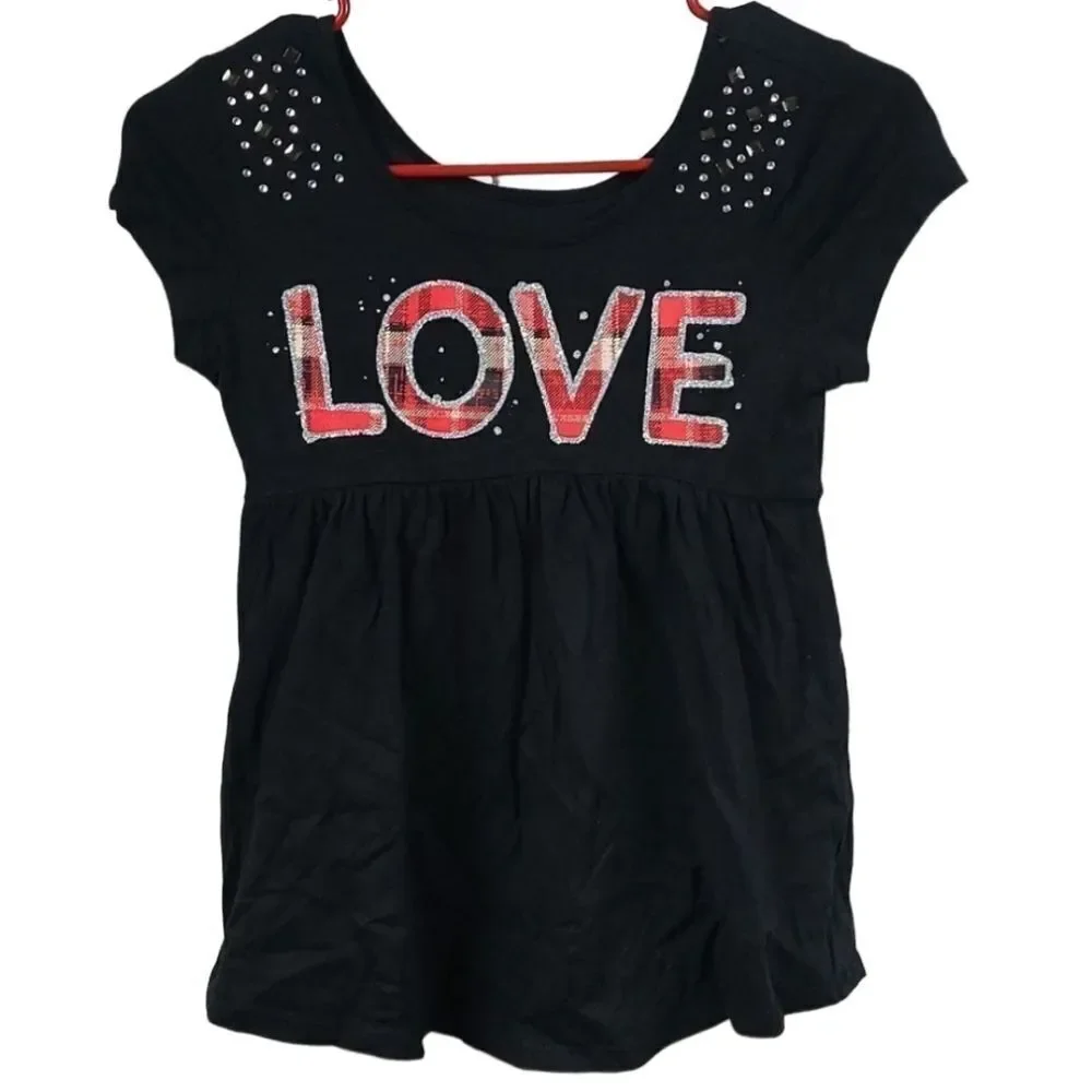 Justice Girls LOVE Plaid Glitter Rhinestone Stud Tunic Tee Black Size 10 Medium